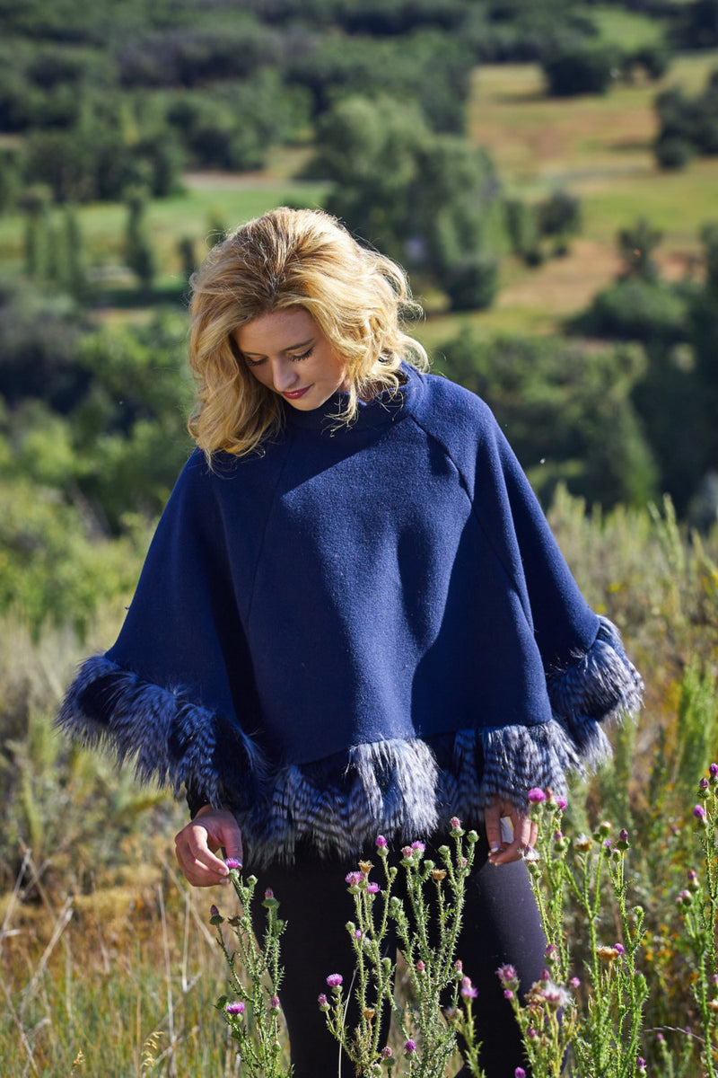Ladies Fall Blue Poncho Wrap Shawl Cape Faux Fur Ostrich Feather Trim - Cyndy Love Designs