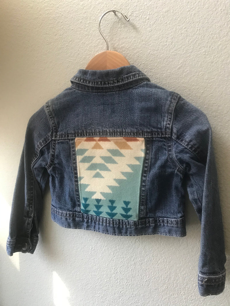Kids Sz 3T Denim Vintage Native American Jean Jacket with Oregon wool fabric - Cyndy Love Designs