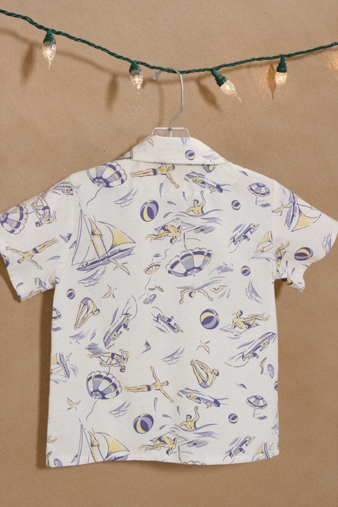 Boys Summer Shirt Cotton 1940s Beach Print Button Down - Cyndy Love Designs