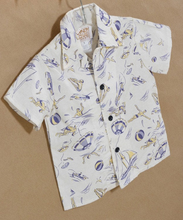 Boys Summer Shirt Cotton 1940s Beach Print Button Down - Cyndy Love Designs
