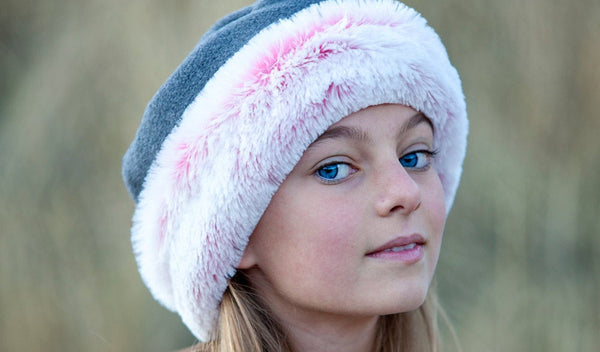 Girls Hat  Polar Fleece Grey with Pink Faux Fur Trim - Cyndy Love Designs