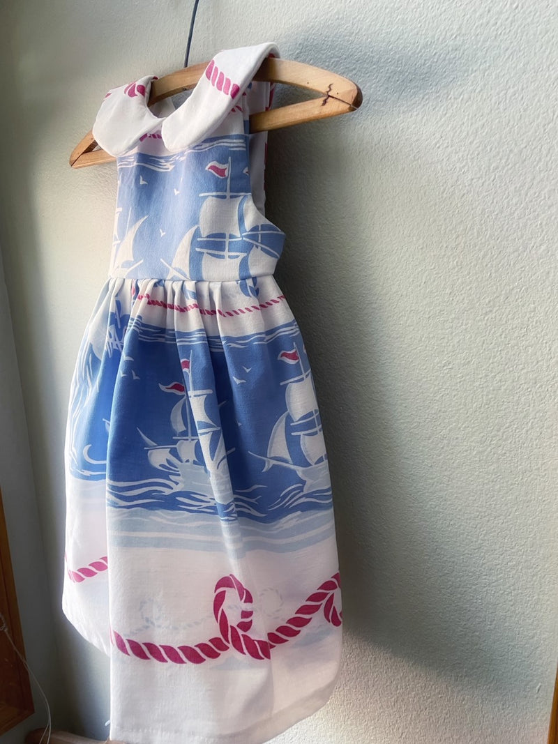 Dress, Blue Sailboats Vintage Tablecloth Dress, Size 5, Antique Cotton Fabric, OOAK - Cyndy Love Designs