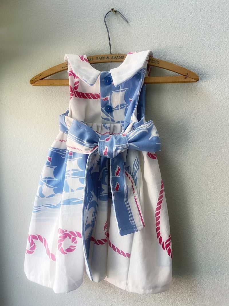 Dress, Blue Sailboats Vintage Tablecloth Dress, Size 5, Antique Cotton Fabric, OOAK - Cyndy Love Designs