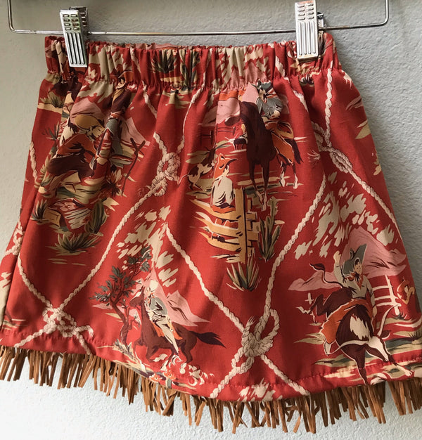 Little Girls Skirt Red Cowboy Print with Fringe - Cyndy Love Designs