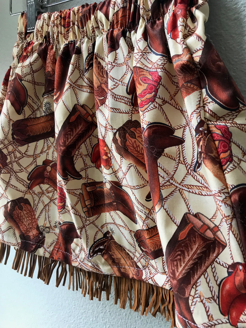 Skirt Cowboy Boots, Brown, Cowgirl Boot Print Skirt, Cowboy Print, Suede Fringe - Cyndy Love Designs