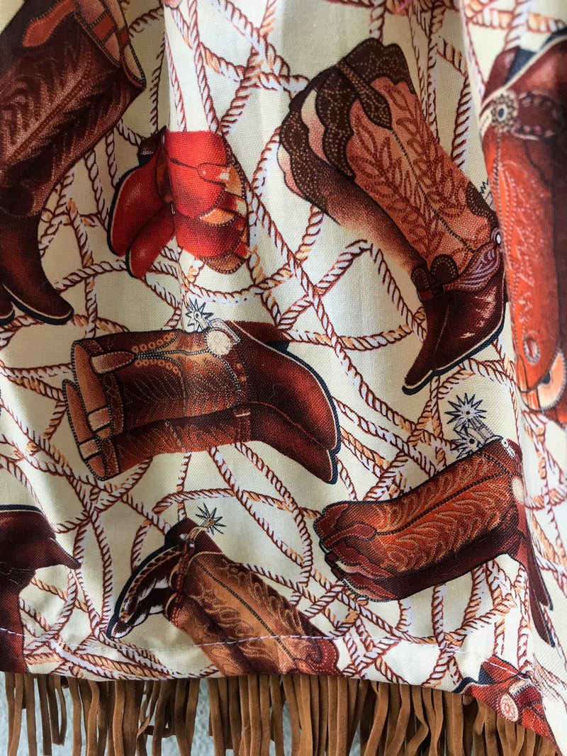 Skirt Cowboy Boots, Brown, Cowgirl Boot Print Skirt, Cowboy Print, Suede Fringe - Cyndy Love Designs