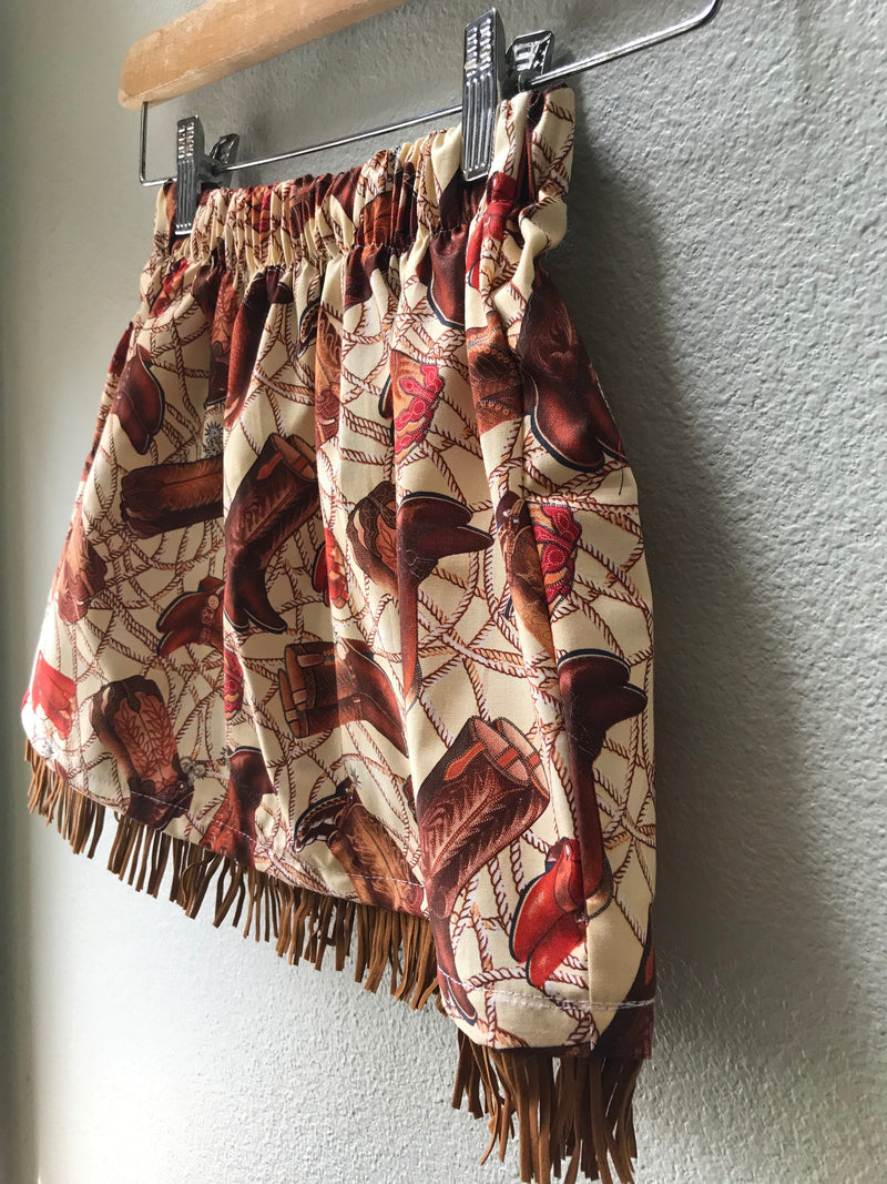 Skirt Cowboy Boots, Brown, Cowgirl Boot Print Skirt, Cowboy Print, Suede Fringe - Cyndy Love Designs