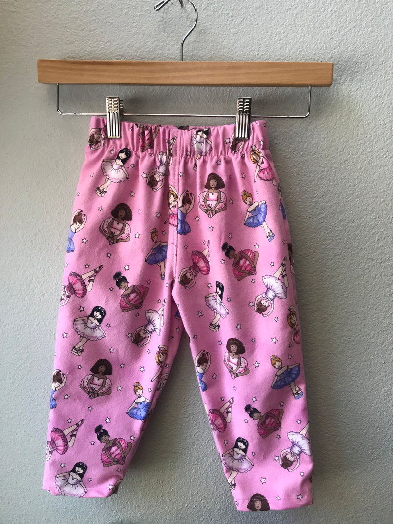 Girls Pink Flannel Ballet Pant with Ballerinas and Tutus, Elastic Waist - Cyndy Love Designs