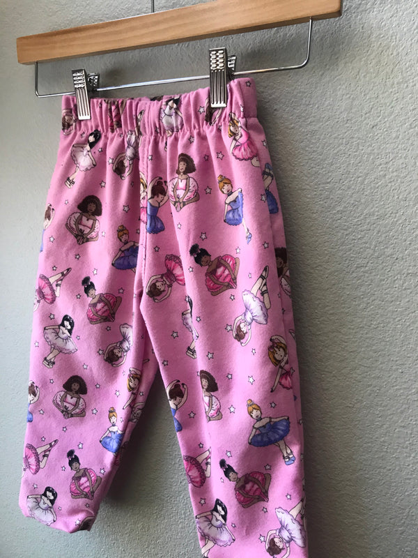 Girls Pink Flannel Ballet Pant with Ballerinas and Tutus, Elastic Waist - Cyndy Love Designs