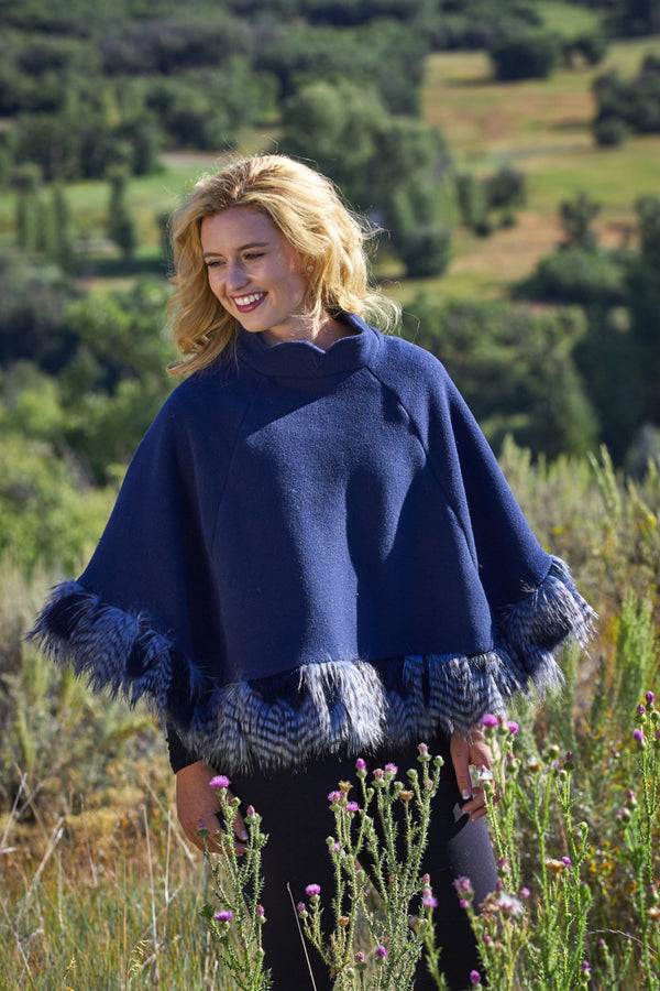 Ladies Fall Blue Poncho Wrap Shawl Cape Faux Fur Ostrich Feather Trim - Cyndy Love Designs