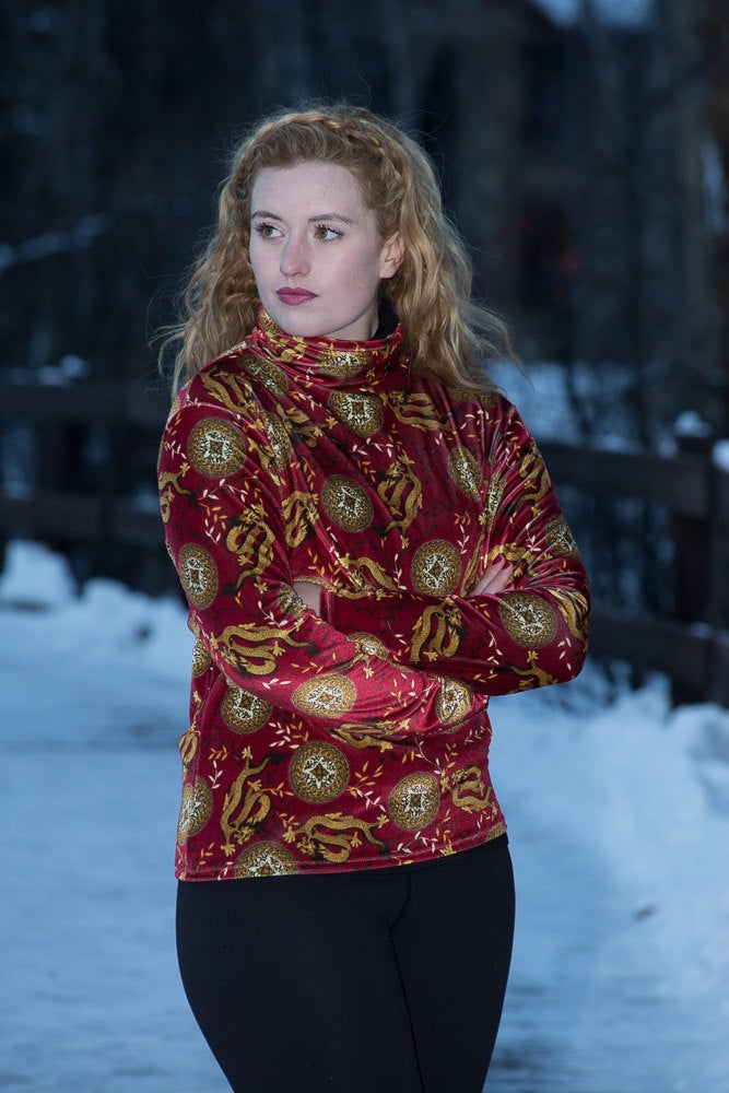 Womens Stretch Velvet Turtleneck Burgundy Red Chinese Dragon Print - Cyndy Love Designs