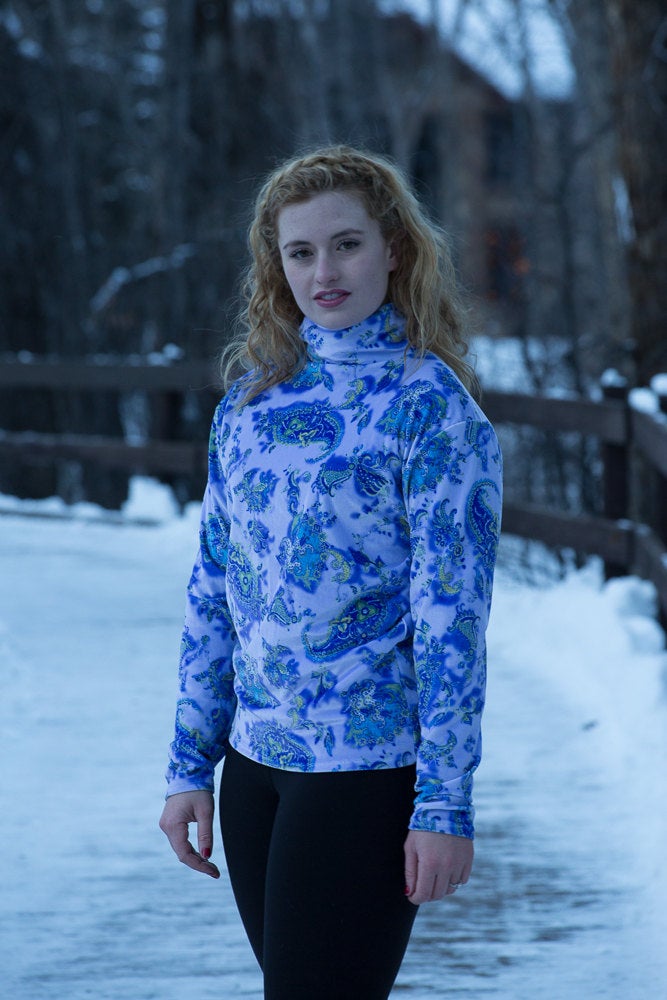 Womens Stretch Velvet Turtleneck Blue Paisley Print - Cyndy Love Designs