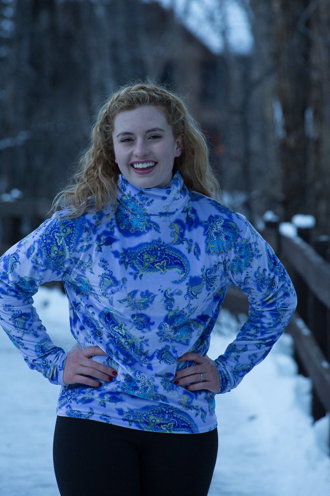 Womens Stretch Velvet Turtleneck Blue Paisley Print - Cyndy Love Designs