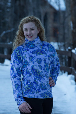Womens Stretch Velvet Turtleneck Blue Paisley Print - Cyndy Love Designs