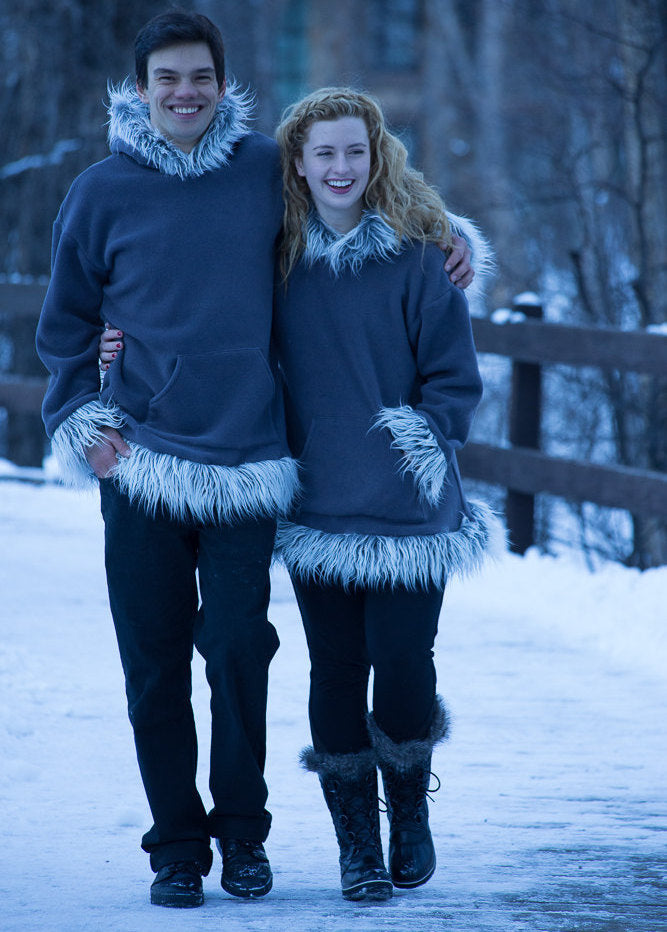Men's or Women's Hooded Pullover Jacket in Grey Polar Fleece with Mongolian Faux  FurTrim - Cyndy Love Designs
