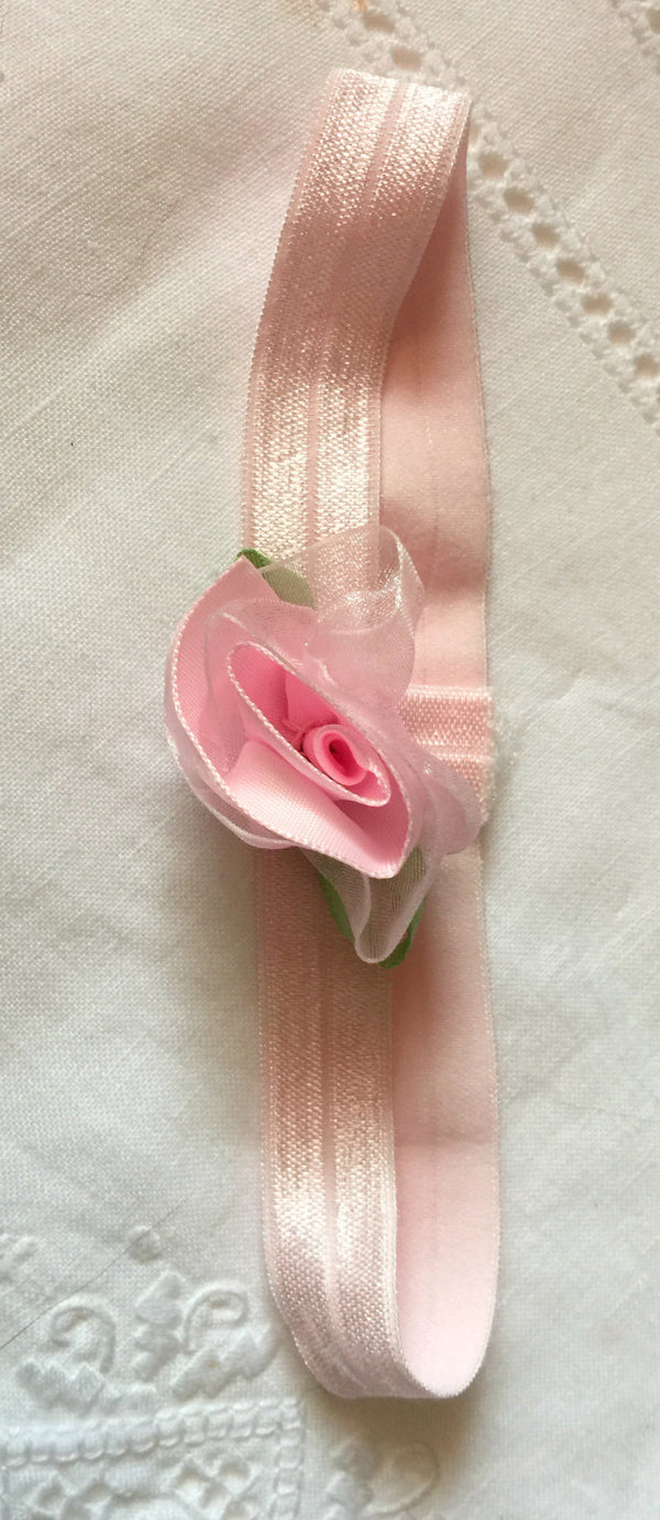 Lace Headband - Pink Flower - Baby Girl Elastic Hairband - Cyndy Love Designs