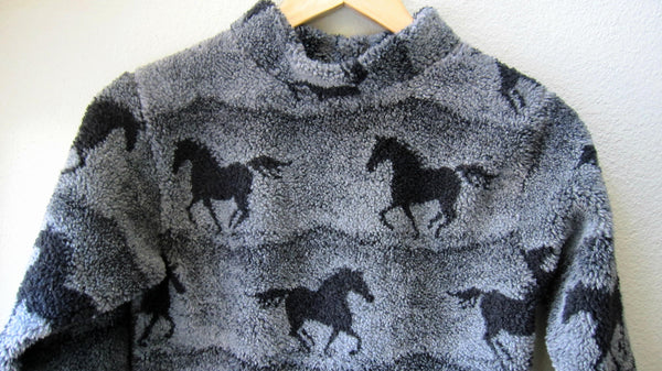 Fleece Pullover Horse Print Unisex Gender Neutral Grey Blue Running Horses Size 4  Size 5 - Cyndy Love Designs