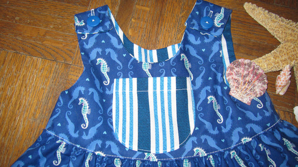 Little Girls Blue Seahorse Summer Beach Dress - Cyndy Love Designs