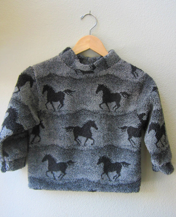 Fleece Pullover Horse Print Unisex Gender Neutral Grey Blue Running Horses Size 4  Size 5 - Cyndy Love Designs