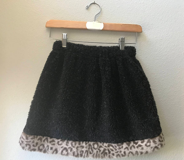 Little Girls Skirt Black Berber fleece with Faux Fur Leopard Trim, Size 10, Size 8 - Cyndy Love Designs