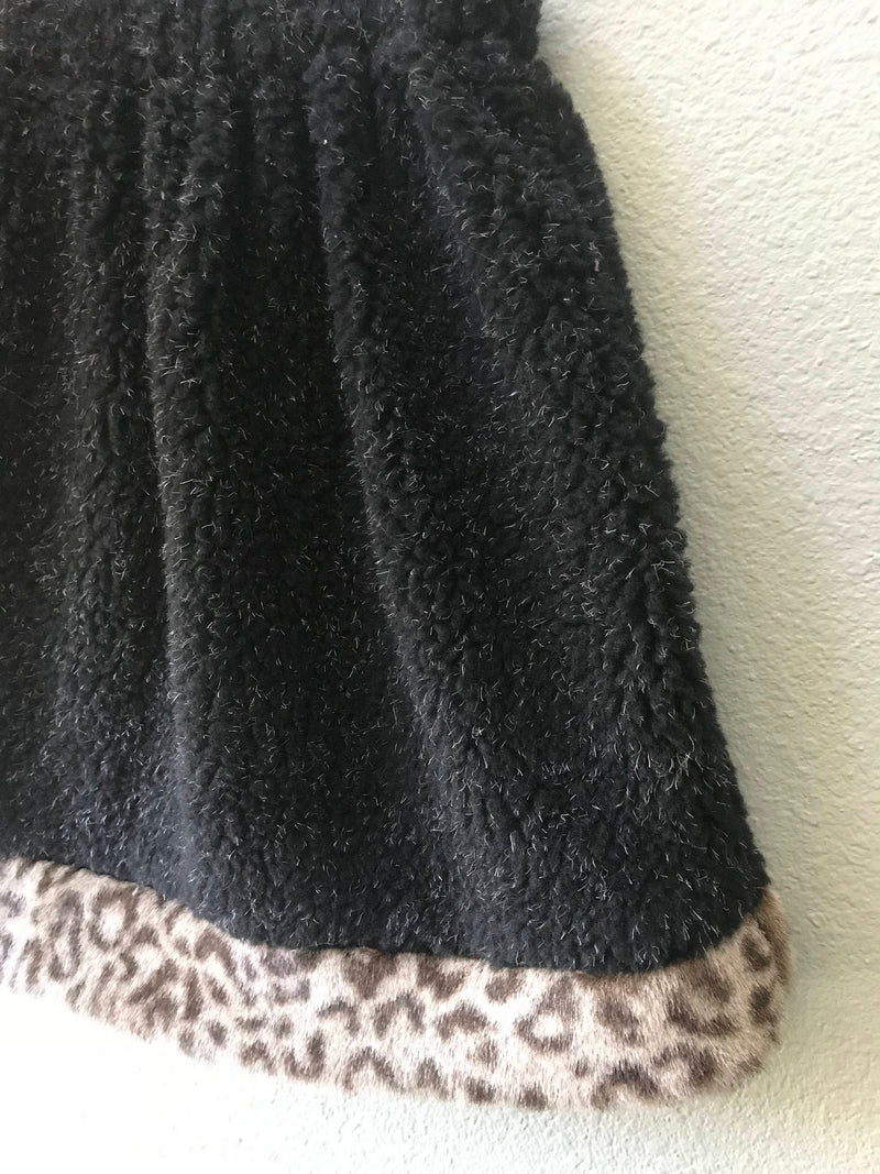 Little Girls Skirt Black Berber fleece with Faux Fur Leopard Trim, Size 10, Size 8 - Cyndy Love Designs