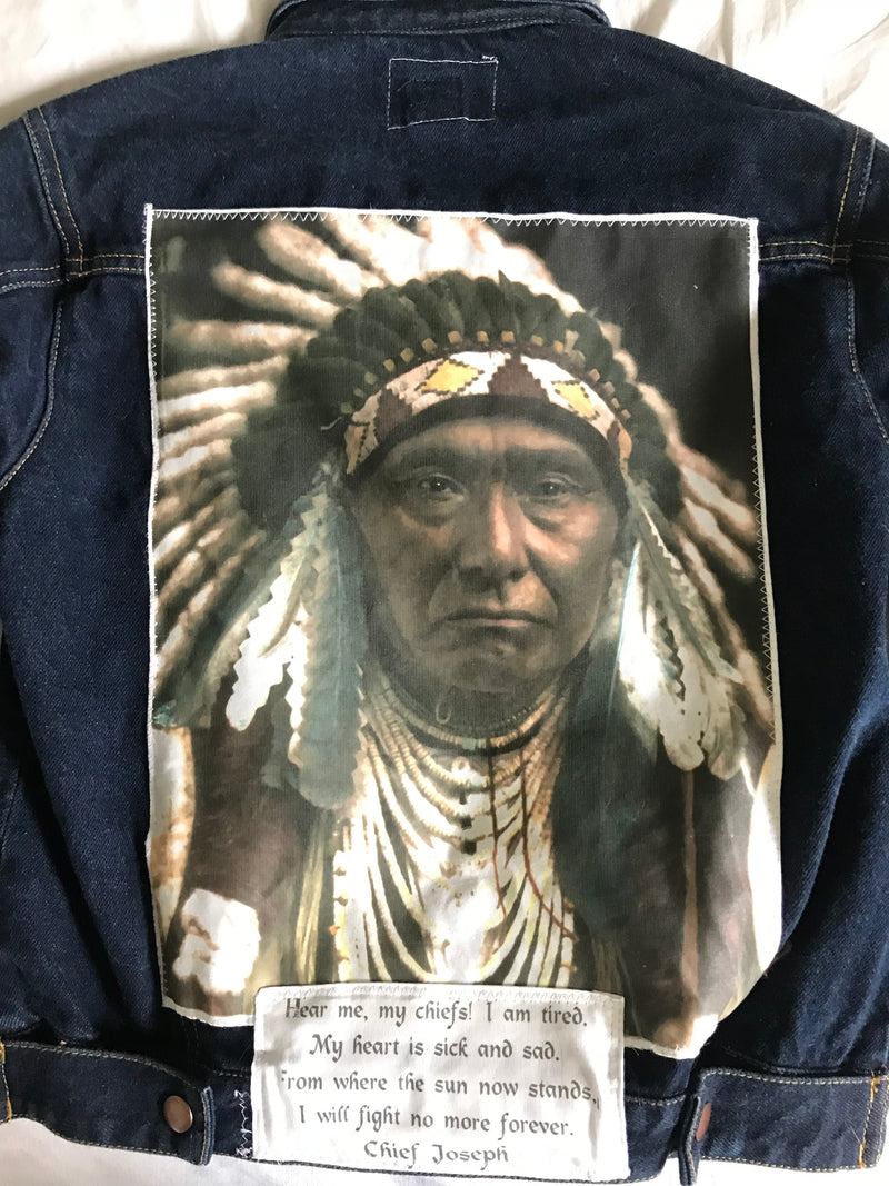 Men's or Women's Denim Vintage Native American Jean Jacket with Chief Joseph appliques - Size 14/16 - Cyndy Love Designs