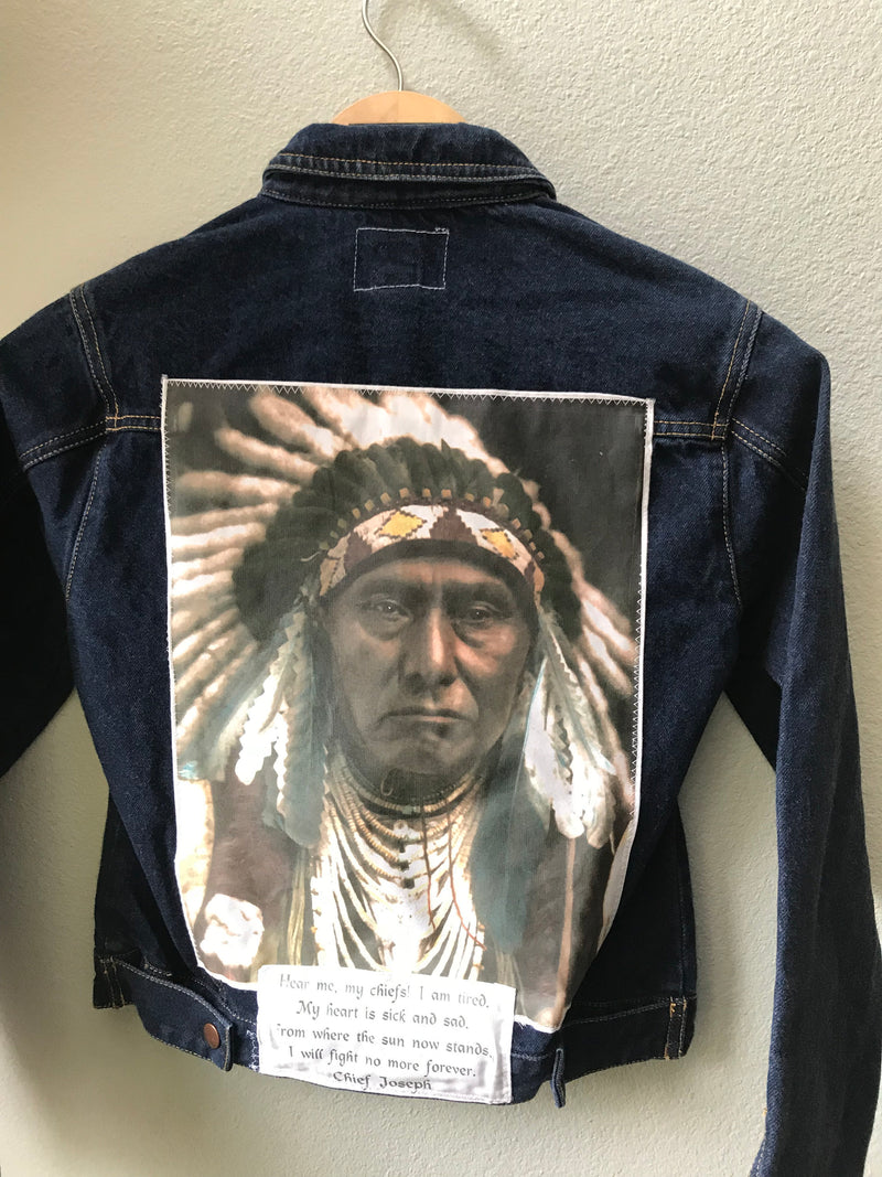 Men's or Women's Denim Vintage Native American Jean Jacket with Chief Joseph appliques - Size 14/16 - Cyndy Love Designs