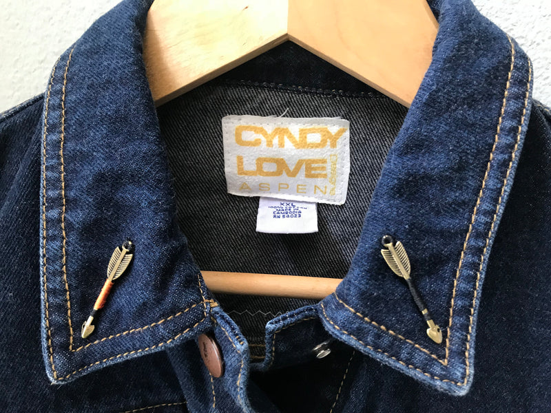 Men's or Women's Denim Vintage Native American Jean Jacket with Chief Joseph appliques - Size 14/16 - Cyndy Love Designs