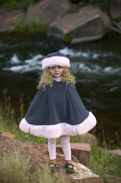 Pink Girls Poncho Faux Fur, Grey Polar Fleece - Cyndy Love Designs