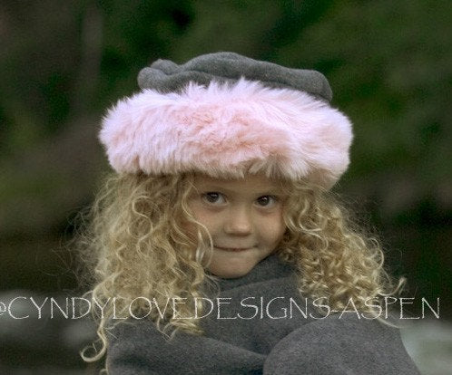 Girls Hat  Polar Fleece Grey with Pink Faux Fur Trim - Cyndy Love Designs