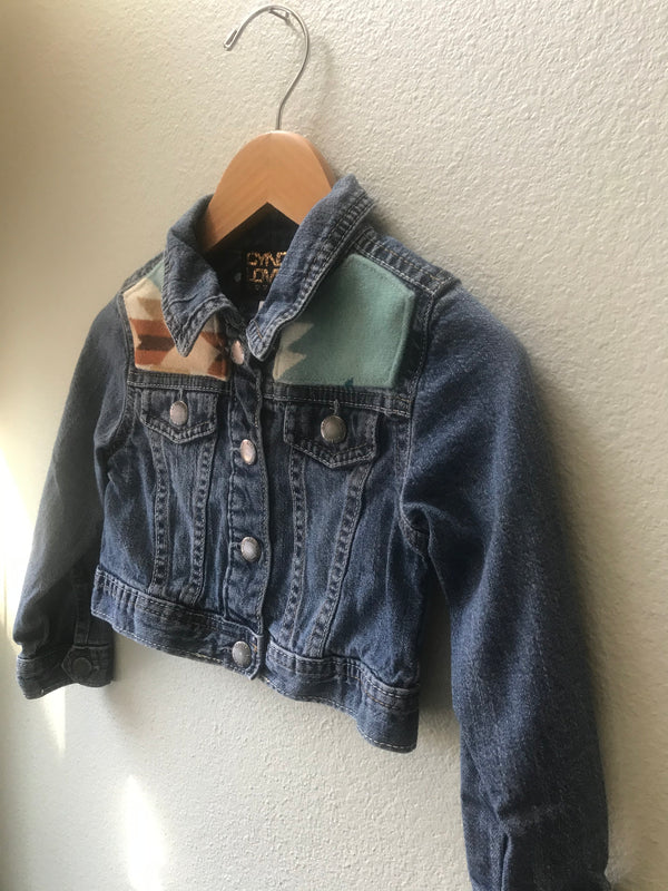 Kids Sz 3T Denim Vintage Native American Jean Jacket with Oregon wool fabric - Cyndy Love Designs