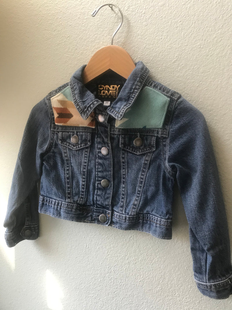 Kids Sz 3T Denim Vintage Native American Jean Jacket with Oregon wool fabric - Cyndy Love Designs