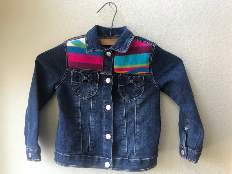 Girls Size 5 Denim Vintage Native American Jean Jacket with Oregon wool fabric appliques - Cyndy Love Designs