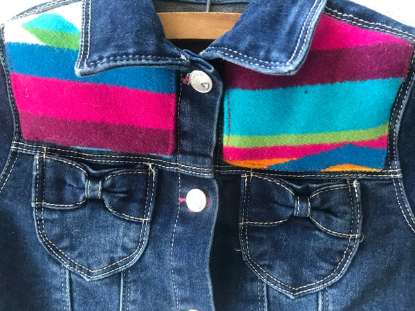 Girls Size 5 Denim Vintage Native American Jean Jacket with Oregon wool fabric appliques - Cyndy Love Designs