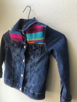 Girls Size 5 Denim Vintage Native American Jean Jacket with Oregon wool fabric appliques - Cyndy Love Designs