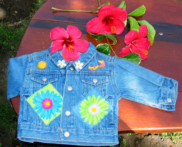 Girls Denim Jean Jacket with Bright Flower and Summer Appliques - Cyndy Love Designs