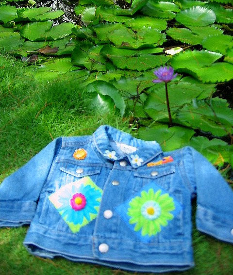 Girls Denim Jean Jacket with Bright Flower and Summer Appliques - Cyndy Love Designs