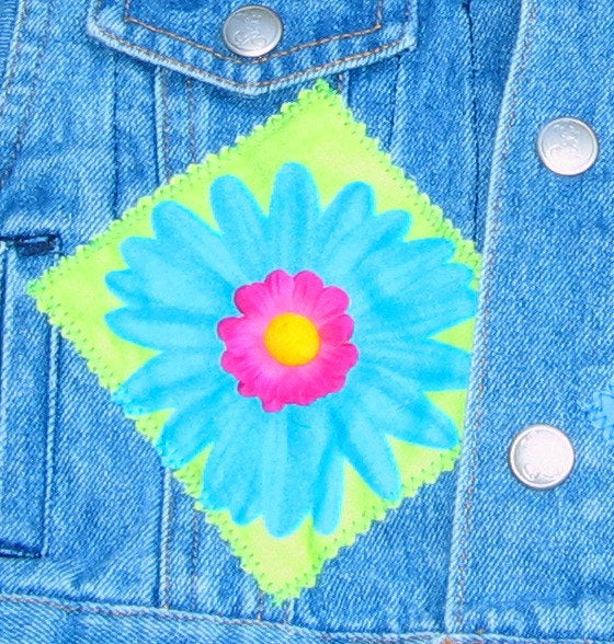 Girls Denim Jean Jacket with Bright Flower and Summer Appliques - Cyndy Love Designs