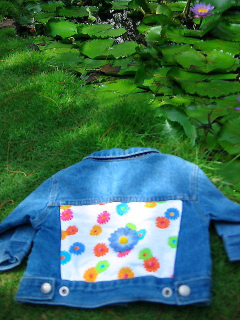 Girls Denim Jean Jacket with Bright Flower and Summer Appliques - Cyndy Love Designs