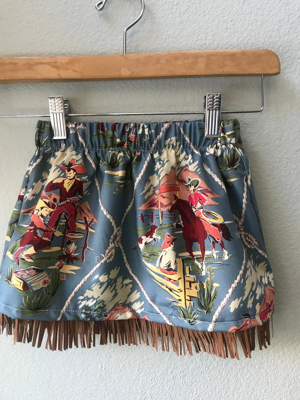 Little Girls Skirt Blue Cowboy Print with Fringe - Cyndy Love Designs