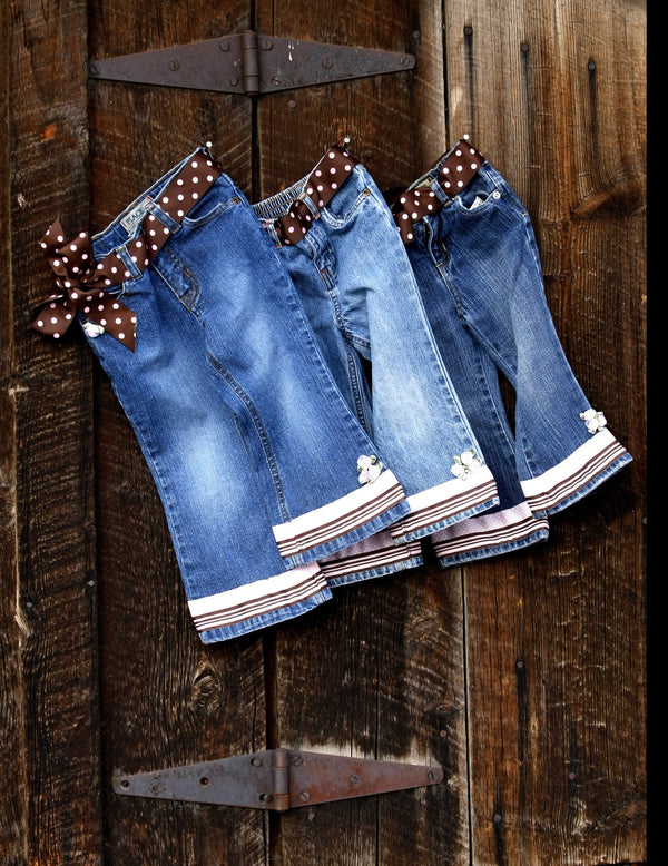 Girls Embellished Denim Jeans with Polka Dots & Flowers - Cyndy Love Designs