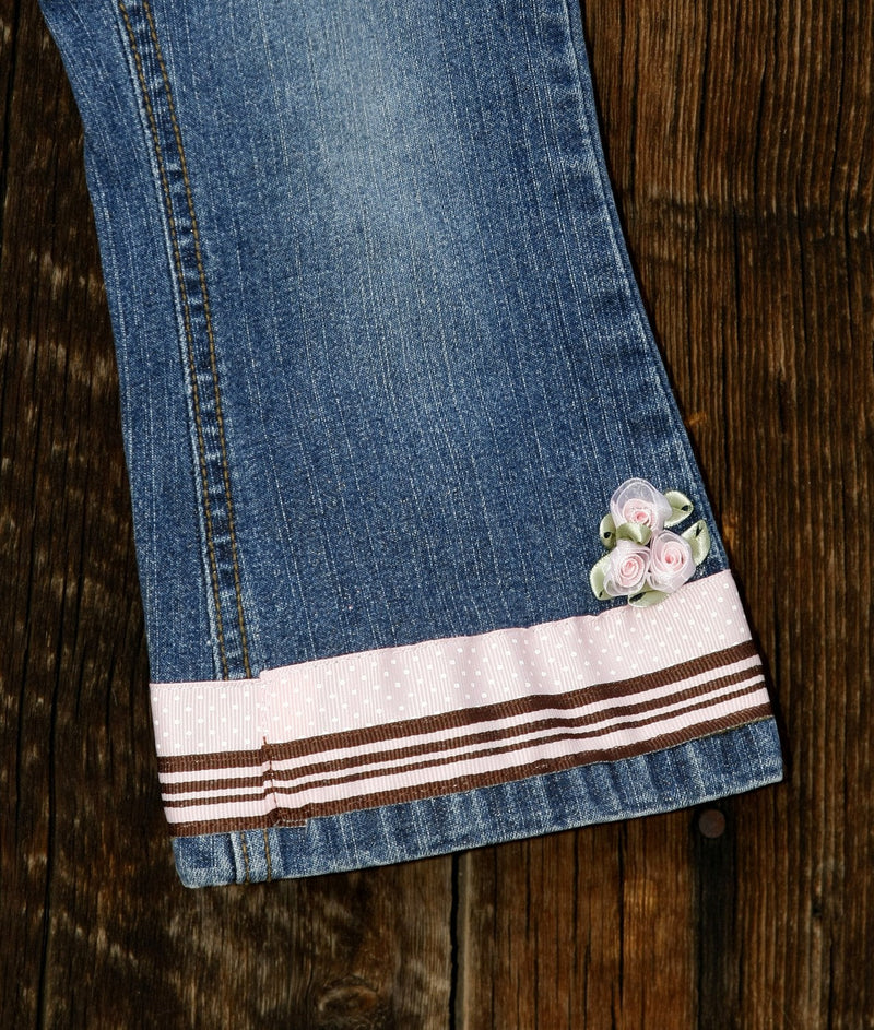 Girls Embellished Denim Jeans with Polka Dots & Flowers - Cyndy Love Designs