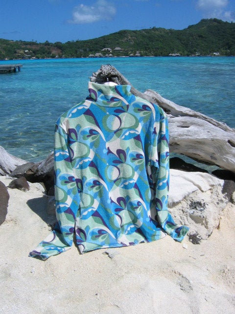 Womens Stretch Velvet Turtleneck Blue Swirl Print - Cyndy Love Designs