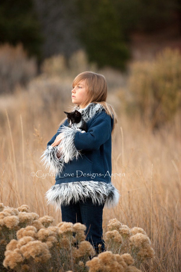 Kids Hooded Pullover Jacket in Polar Fleece with Faux Mongolian Fur Trim - Cyndy Love Designs