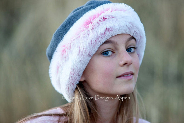 Girls Hat  Polar Fleece Grey with Pink Faux Fur Trim - Cyndy Love Designs