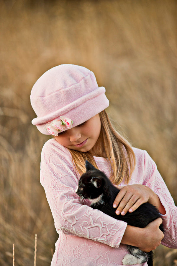 Girls Hat  Polar Fleece Pink with Pink Roses - Cyndy Love Designs