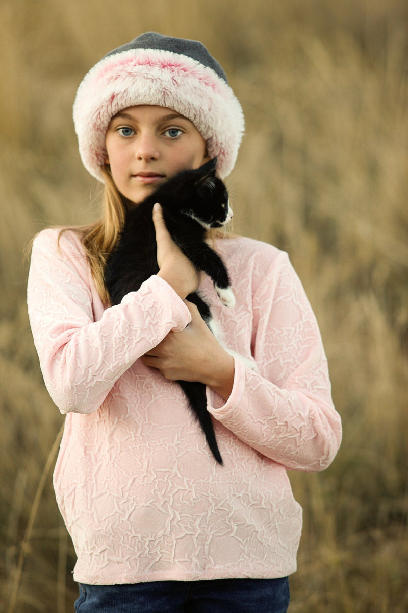 Girls Hat  Polar Fleece Grey with Pink Faux Fur Trim - Cyndy Love Designs