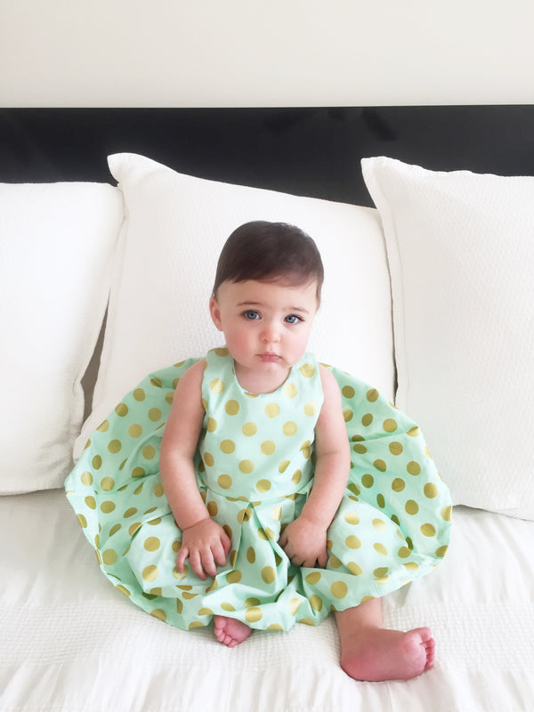 Little Girl Mint Green Gold Polka Dot Summer Beach Dress - Cyndy Love Designs