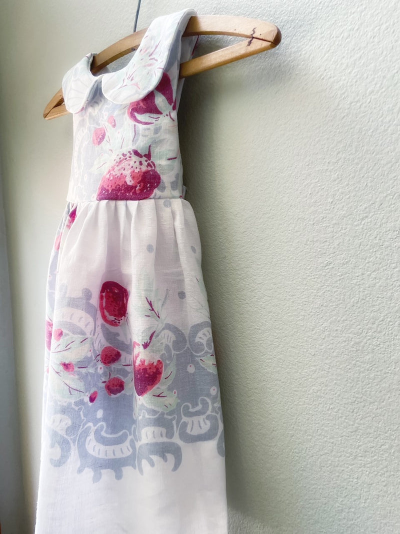 Dress, White Strawberry Vintage Tablecloth Dress, Size 5, Antique Cotton Fabric, OOAK - Cyndy Love Designs