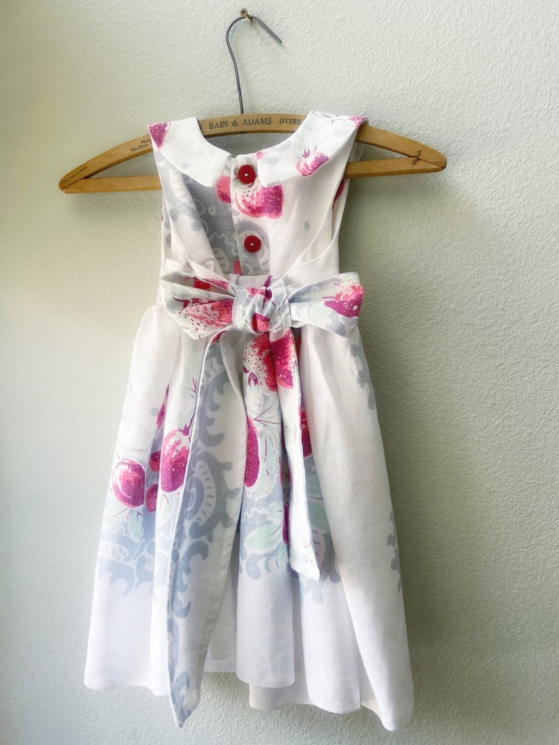 Dress, White Strawberry Vintage Tablecloth Dress, Size 5, Antique Cotton Fabric, OOAK - Cyndy Love Designs